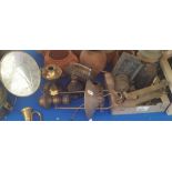 A QUANTITY OF VARIOUS COPPER AND BRASS to include a hanging oil lamp.