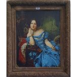 A.T.O. A VERY LARGE COLOURED PORTRAIT PRINT of a lady in a blue dress. framed. 26" x 31".