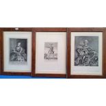 THREE PERIOD BLACK AND WHITE ENGRAVINGS of men and women, in walnut veneered frames. 21.5" x 27.