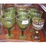 A SET OF FOUR RUBY GLASSES with Greek key decoration along with a large quantity of green glass.