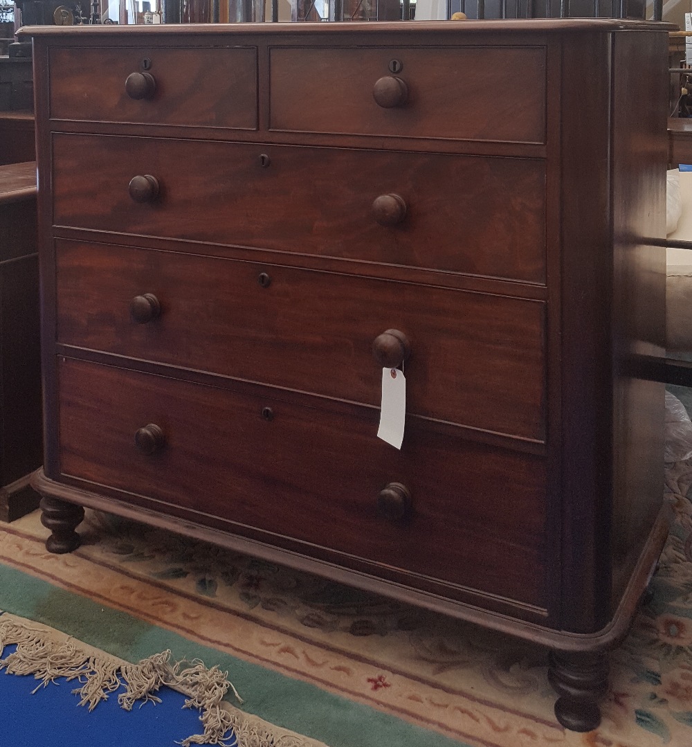 A GEORGIAN MAHOGANY CHEST OF DRAWERS with three long under two short. (Ethan's Bedroom).