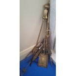 A QUANTITY OF BRASS FIRE UTENSILS, bellows, toasting fork, etc.