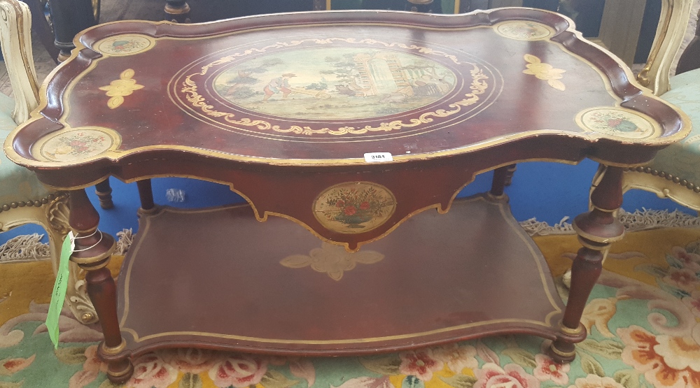 AN UNUSUAL PAINTED SERPENTINE COFFEE TABLE with highly painted top.