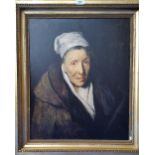 A.T.O. A COLOURED PORTRAIT PRINT of an elderly lady in an early 20th century gilt frame. 26" x 30".