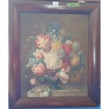 A 19TH CENTURY OIL ON CANVAS still life of flowers, in a lovely veneered rosewood frame. 25" x 29".