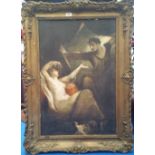 A.T.O. A COLOURED PRINT of a naked woman and her lover in a 19th century gilt frame. 30" x 40.5".