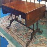 A 19TH CENTURY MAHOGANY SOFA TABLE with rosewood crossbanding on a stretcher base with brass