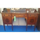 A LOVELY 19TH CENTURY MAHOGANY INLAID BOW FRONT SIDEBOARD.