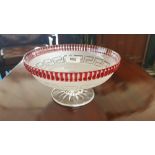 A 19th CENTURY GLASS TAZZA, with cranberry cameo detail rim, frosted and etched Greek key band on