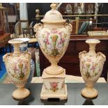 A LOVELY LATE 19TH EARLY/20TH CENTURY GARNITURE SET with hand painted decoration.