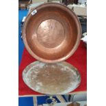 A GOOD COPPER PAN WITH WALL HOOK, & A BRASS TRAY (2).