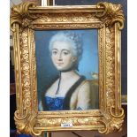 A.T.O. A COLOURED PORTRAIT PRINT of a young woman in a highly ornate 19th century frame. 14" x 16".