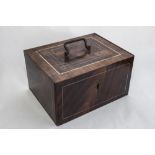 A LATE 19TH CENTURY MAHOGANY AND BRASS INLAID GRAINED TIN MONEY BOX (locked).