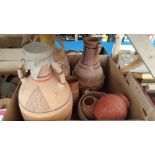 THREE LARGE PAINTED TERRACOTTA TWIN-HANDLED JARS, ETC., (box).