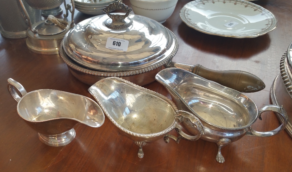A VICTORIAN CHAFING PAN & LID, WITH WOODEN HANDLE, along with three silver-plated sauce boats (4).