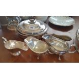 A VICTORIAN CHAFING PAN & LID, WITH WOODEN HANDLE, along with three silver-plated sauce boats (4).