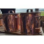 A FABULOUS PAIR OF 19TH CENTURY COPPER SAUCEPANS AND LIDS. (Sir Malcolm's Kitchen).