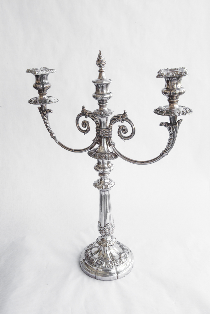 A GOOD 19TH CENTURY SILVER-PLATED TWIN BRANCH CANDELABRA, 20.75in (h).