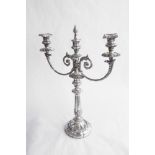 A GOOD 19TH CENTURY SILVER-PLATED TWIN BRANCH CANDELABRA, 20.75in (h).