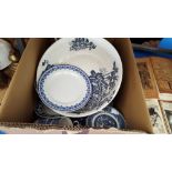 A BOX LOT OF ASSORTED BLUE AND WHITE CERAMICS, 19th century and later.