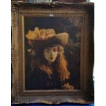 A.T.O. A COLOURED PRINT of a young girl with a bonnet in a 19th century gilt frame. 42" x 49.5".