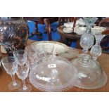 A SET OF EIGHT RED WINE GLASSES, two cake stands, one with dome and two cut vases.