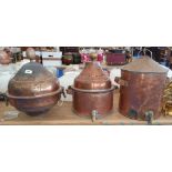 TWO 19TH CENTURY TEA URNS along with another lidded cauldron.