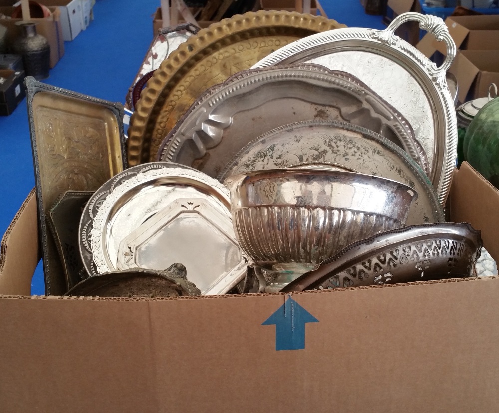 TWO BOXES OF GOOD SILVER-PLATE & BRASS, MAINLY TRAYS (2). - Image 2 of 2