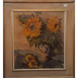 AN EARLY 20TH CENTURY OIL ON CANVAS of sunflowers. 34.75" x 38".