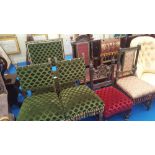 A GROUP OF SEVEN CHAIRS to include three oak examples upholstered in green fabric.