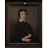 A 19TH CENTURY OIL ON CANVAS of a young woman in a lovely ornate ebonised and gilt frame. 32" x 38.