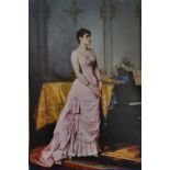 A.T.O. A VERY LARGE COLOURED PRINT of a lady in a pink dress. U.F. 50.5 x 75".