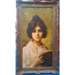 A.T.O. A COLOURED PORTRAIT PRINT OF A YOUNG LADY in a gilt frame.