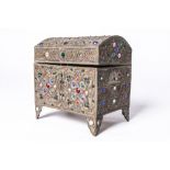 A VERY UNUSUAL BRASS-WORK DOMED JEWELLERY BOX with handles to sides, profusely inlaid with brass