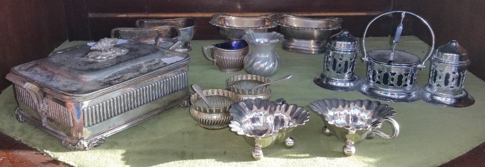 A VICTORIAN SILVER-PLATED WALKER & HALL SARDINE DISH HOLDER & LID & A QUANTITY OF PLATED