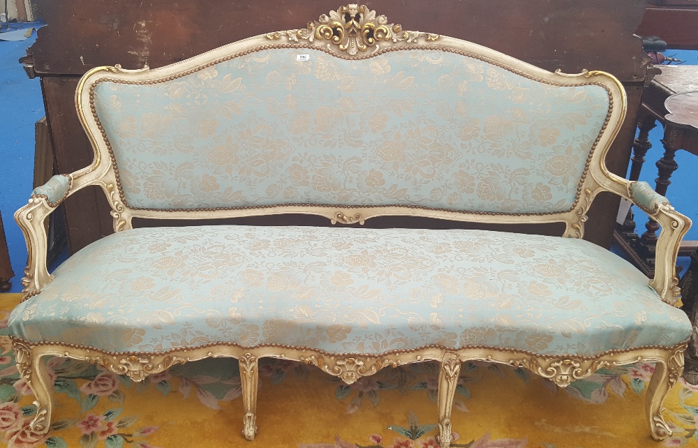 A FABULOUS PAINTED GILDED CONTINENTAL THREE PIECE SUITE.