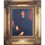 A.T.O. A COLOURED PORTRAIT PRINT of an Italian young man in a 19th century frame. 19.25" x 23".