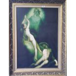 A.T.O. A COLOURED PORTRAIT PRINT of a nude female meeting God, framed. 33" x 44".