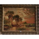 A.T.O. A COLOURED PRINT of cattle at a stream in a highly ornate frame. 49.75" x 39.75".