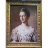 A.T.O. A COLOURED PORTRAIT PRINT of a young woman in a pink floral dress, framed. (Talbot ranch).