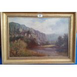 .A 19TH CENTURY OIL ON CANVAS of a river scene, framed. 25" x 18".