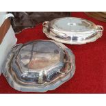 TWO SILVER PLATED ENTRÉ DISHES AND LIDS.