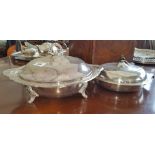A LOVELY SCROLL HANDLED SILVER-PLATED DISH & LID, along with a footed serving dish and lid (2).