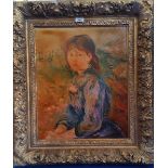 A.T.O. A PORTRAIT OF A GIRL in a blue blouse in a nice gilt frame. 25.75" x 30".