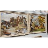 A Pair of Oils on Board by Lena Elizabeth Tarpley; one titled 'A castle with Boats'; both signed.