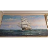 A Very Large Oil on Canvas of a Sailing Ship, unframed.