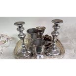 A Pair of Silver Plates Candlesticks; with a quantity of Silver Plated Items.