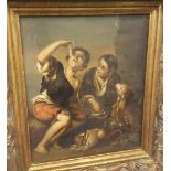 An Oil on Canvas of Two Young Boys; with their pet, in a Gilt Frame.