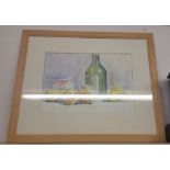 A Watercolour of Still Life with Fruit and a Bottle; signed A M Winter, framed.