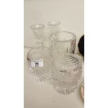 Five Pieces of Heavy Cut Glass to include a pair & a single vase, and a pair of candlesticks,